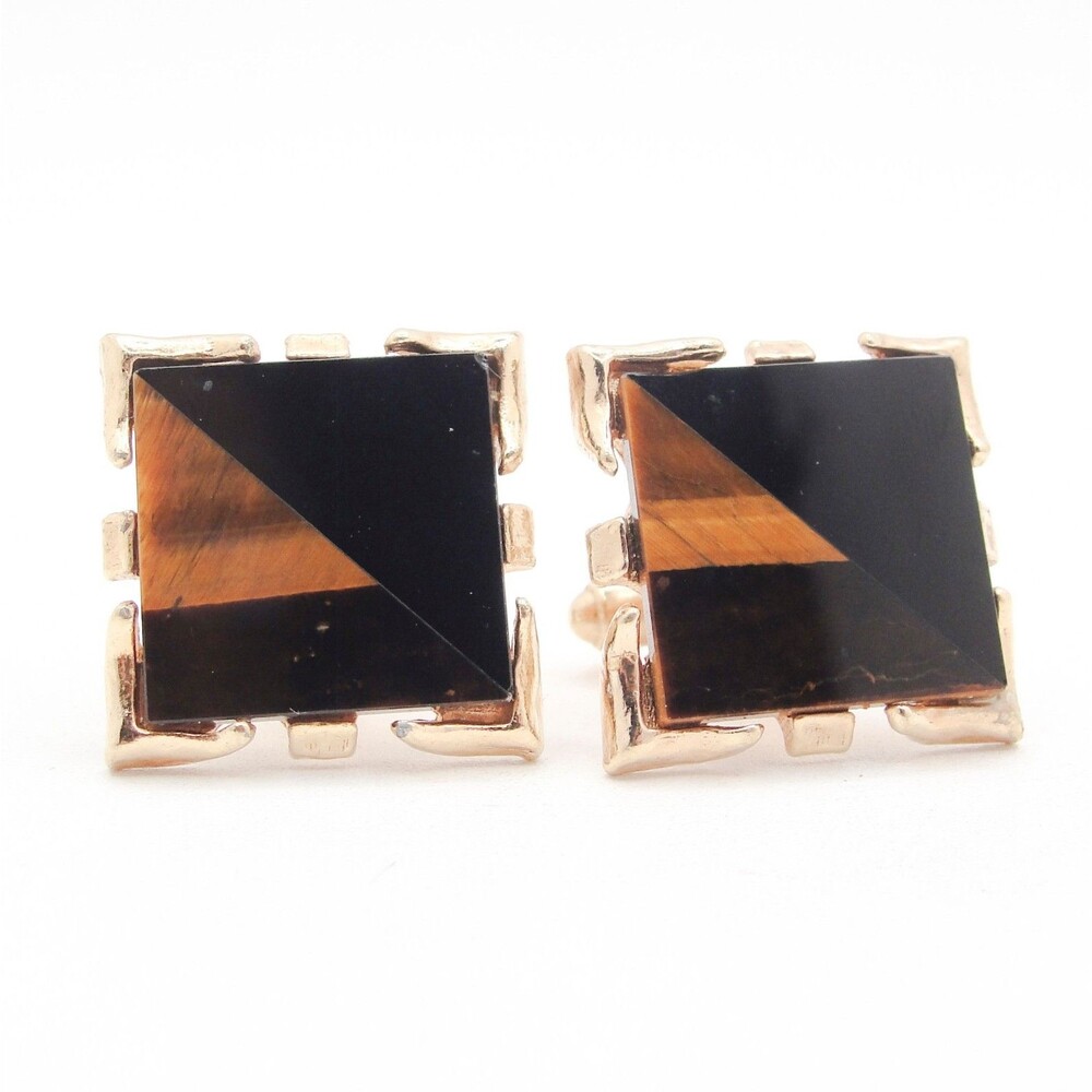 Vintage Simmons Karatclad Tigers Eye Black Onyx Square Cufflinks Modernist MCM